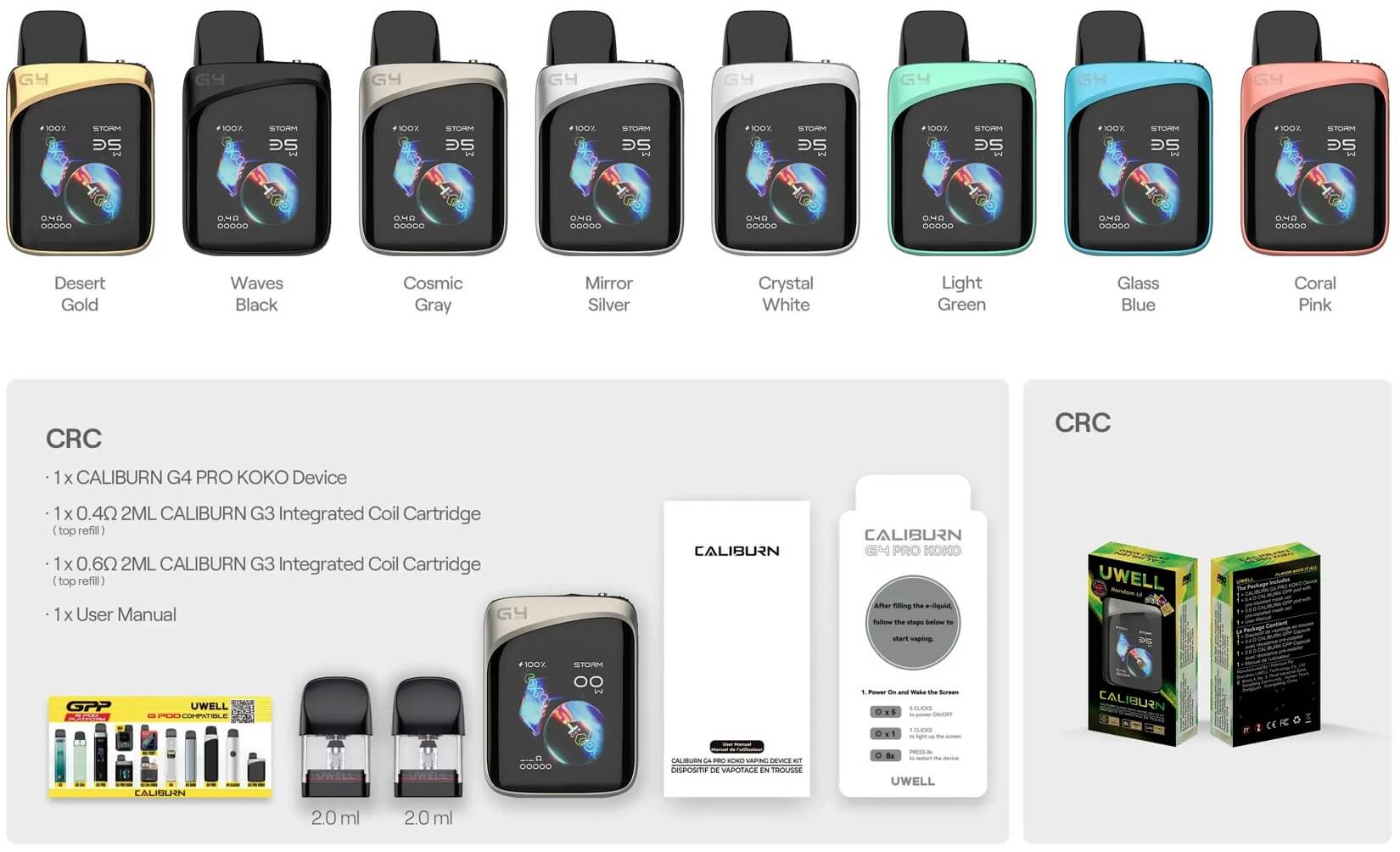 Uwell Caliburn G4 Pro Koko Renkler ve Kutu