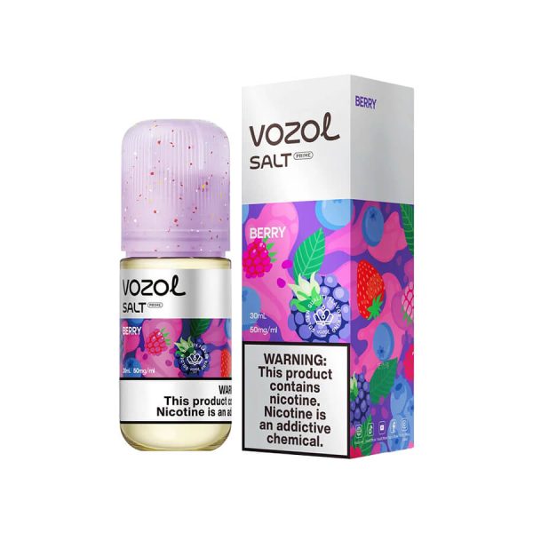 Vozol Berry Salt Likit 30ML, orman meyveleri ve şeftali aromalarıyla pod cihazlar için 30MG veya 50MG salt nikotin seçenekleri sunar.
