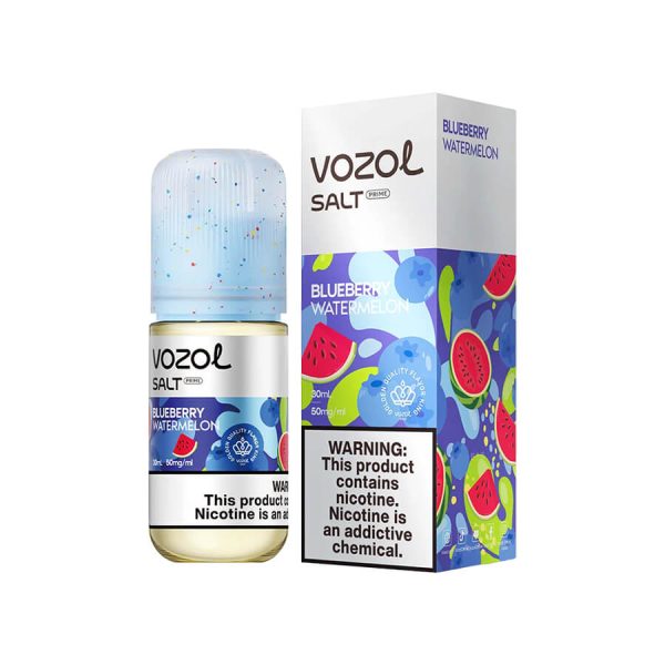 Vozol Blueberry Watermelon salt likit, yaban mersini ve karpuzun ferah uyumuyla 30MG veya 50MG nikotin seçeneği sunar.