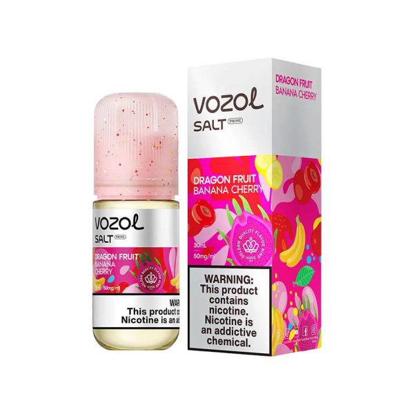 Vozol Dragon Fruit Banana Cherry 30ML, tropikal ejder meyvesi, muz ve kiraz aromalarıyla pod mod cihazlar için 30MG veya 50MG salt nikotin sunar.