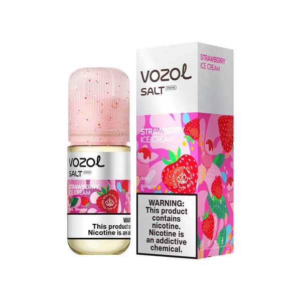 Vozol Strawberry Ice Cream, çilek ve kremamsı dondurma aromalı pod mod likiti, 30MG veya 50MG salt nikotin seçeneğiyle.